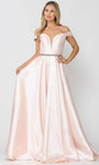 A-line Belted Back Zipper Pocketed Mesh Satin Natural Waistline Off the Shoulder Notched Collar Sweetheart Dress with a Brush/Sweep Train With Rhinestones