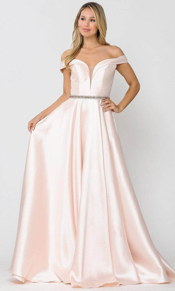 A-line Notched Collar Sweetheart Belted Mesh Pocketed Back Zipper Natural Waistline Satin Off the Shoulder Dress with a Brush/Sweep Train With Rhinestones