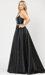 A-line V-neck Plunging Neck Open-Back Lace-Up Pocketed Back Zipper Mesh Belted Spaghetti Strap Natural Waistline Satin Evening Dress with a Brush/Sweep Train With Rhinestones