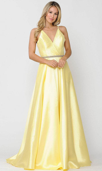 A-line V-neck Sleeveless Belted Pocketed Beaded Goddess Back Zipper Natural Waistline Ball Gown Evening Dress with a Brush/Sweep Train With Rhinestones