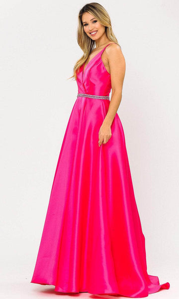 A-line V-neck Sleeveless Natural Waistline Belted Back Zipper Pocketed Beaded Goddess Ball Gown Evening Dress with a Brush/Sweep Train With Rhinestones