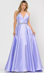 A-line V-neck Belted Beaded Goddess Back Zipper Pocketed Sleeveless Natural Waistline Ball Gown Evening Dress with a Brush/Sweep Train With Rhinestones