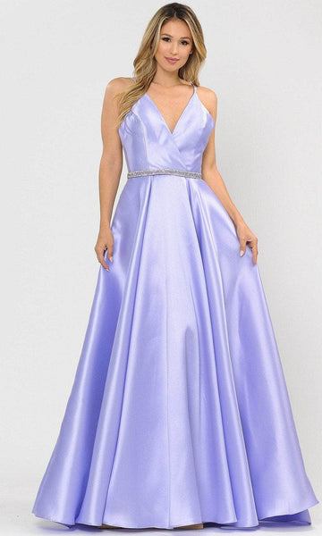 A-line V-neck Sleeveless Pocketed Back Zipper Goddess Beaded Belted Natural Waistline Ball Gown Evening Dress with a Brush/Sweep Train With Rhinestones