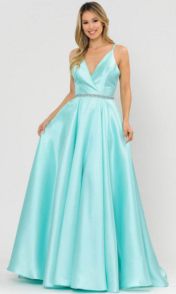 A-line V-neck Sleeveless Belted Beaded Back Zipper Goddess Pocketed Natural Waistline Ball Gown Evening Dress with a Brush/Sweep Train With Rhinestones