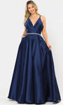 A-line V-neck Beaded Pocketed Back Zipper Goddess Belted Natural Waistline Sleeveless Ball Gown Evening Dress with a Brush/Sweep Train With Rhinestones
