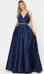 A-line V-neck Natural Waistline Sleeveless Goddess Belted Beaded Pocketed Back Zipper Ball Gown Evening Dress with a Brush/Sweep Train With Rhinestones