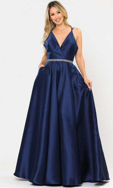 A-line V-neck Sleeveless Natural Waistline Belted Pocketed Back Zipper Goddess Beaded Ball Gown Evening Dress with a Brush/Sweep Train With Rhinestones