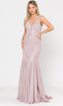 Sophisticated V-neck Illusion Back Zipper Glittering Open-Back Sleeveless Mermaid Natural Waistline Knit Floor Length Dress with a Brush/Sweep Train