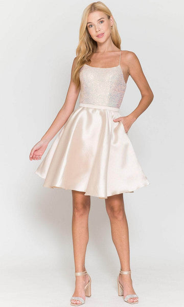 Sleeveless Scoop Neck Natural Waistline Fit-and-Flare Belted Sequined Back Zipper Pocketed Lace-Up Fitted Short Dress With Rhinestones