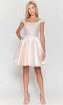 A-line Off the Shoulder Satin Natural Princess Seams Waistline Cocktail Short Open-Back Sequined Lace-Up Back Zipper Square Neck Dress