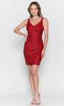 V-neck Sleeveless Sheath General Print Sequined Fitted Open-Back Natural Waistline Cocktail Above the Knee Sheath Dress