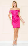 Satin Sheath Off the Shoulder Corset Natural Waistline Cocktail Short Scoop Neck Open-Back Back Zipper Sheath Dress