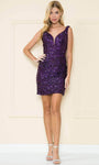 V-neck Sheath Plunging Neck Illusion Back Zipper Sequined Natural Waistline Sleeveless Cocktail Short Sheath Dress