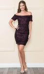 Sexy Back Zipper Sequined Ruched Cocktail Short Natural Waistline Fall Short Sleeves Sleeves Off the Shoulder Sheath Sheath Dress