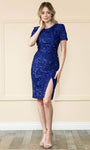 Natural Waistline Sheath Slit Back Zipper Sequined Cocktail Short Jeweled Neck Short Sleeves Sleeves Sheath Dress