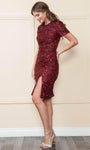 Slit Sequined Back Zipper Sheath Natural Waistline Cocktail Short Short Sleeves Sleeves Jeweled Neck Sheath Dress