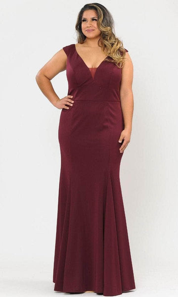 Plus Size Sophisticated V-neck Basque Empire Natural Waistline Back Zipper V Back Fitted Sleeveless Jersey Sheath Plunging Neck Ball Gown Sheath Dress with a Brush/Sweep Train