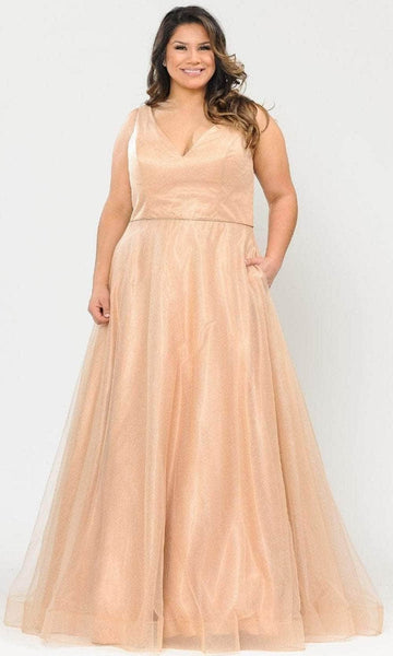 Plus Size A-line V-neck Back Zipper Lace-Up Pocketed Glittering Open-Back Corset Natural Waistline Sleeveless Tank Plunging Neck Floor Length Tulle Dress with a Brush/Sweep Train