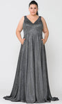 Tall Plus Size A-line V-neck Sleeveless Back Zipper V Back Open-Back Pocketed Glittering Plunging Neck Metallic Empire Natural Waistline Dress with a Brush/Sweep Train