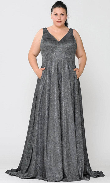 Tall Plus Size A-line V-neck V Back Glittering Pocketed Open-Back Back Zipper Metallic Empire Natural Waistline Plunging Neck Sleeveless Dress with a Brush/Sweep Train