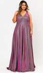 Tall Plus Size A-line V-neck Plunging Neck Glittering Back Zipper Open-Back V Back Pocketed Empire Natural Waistline Metallic Sleeveless Dress with a Brush/Sweep Train