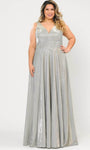 Tall Plus Size A-line V-neck Pocketed Glittering V Back Back Zipper Open-Back Metallic Sleeveless Empire Natural Waistline Plunging Neck Dress with a Brush/Sweep Train