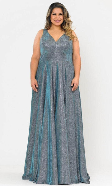 Tall Plus Size A-line V-neck Metallic Empire Natural Waistline Sleeveless Plunging Neck Glittering Back Zipper Open-Back Pocketed V Back Dress with a Brush/Sweep Train