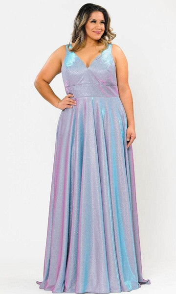 Tall Plus Size A-line V-neck Plunging Neck Back Zipper Open-Back V Back Glittering Pocketed Empire Natural Waistline Sleeveless Metallic Dress with a Brush/Sweep Train