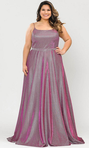 Tall Plus Size A-line Beaded Glittering Pocketed Lace-Up Back Zipper Corset Natural Waistline Sleeveless Spaghetti Strap Square Neck Floor Length Dress with a Brush/Sweep Train With Rhinestones