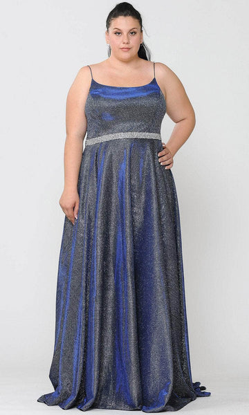 Tall Plus Size A-line Pocketed Glittering Back Zipper Lace-Up Beaded Square Neck Floor Length Corset Natural Waistline Sleeveless Spaghetti Strap Dress with a Brush/Sweep Train With Rhinestones