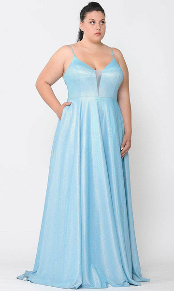 Tall Plus Size A-line V-neck Corset Natural Waistline Floor Length Glittering Open-Back Sheer Lace-Up Beaded Back Zipper Pocketed Sleeveless Dress with a Brush/Sweep Train