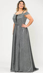 Tall Plus Size A-line Metallic Natural Waistline Floor Length Mesh Glittering Pocketed Illusion Open-Back Back Zipper Cold Shoulder Sleeves Off the Shoulder Sleeveless Plunging Neck Dress with a Brush