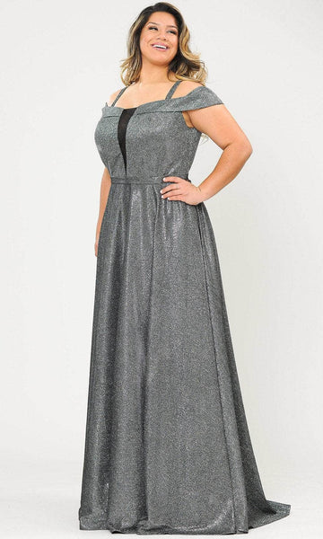 Tall Plus Size A-line Mesh Pocketed Back Zipper Open-Back Illusion Glittering Plunging Neck Cold Shoulder Sleeves Off the Shoulder Sleeveless Metallic Floor Length Natural Waistline Dress with a Brush
