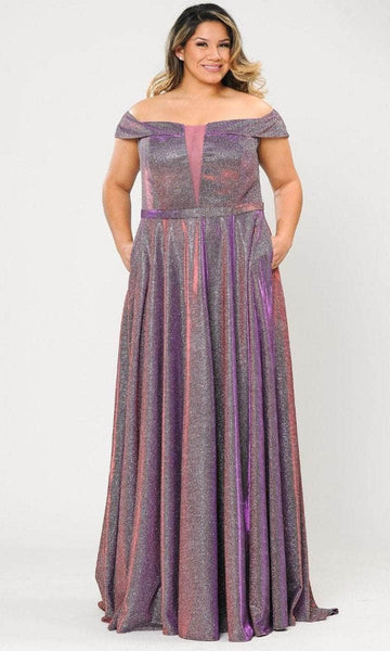 Tall Plus Size A-line Cold Shoulder Sleeves Off the Shoulder Sleeveless Plunging Neck Metallic Mesh Glittering Back Zipper Illusion Open-Back Pocketed Natural Waistline Floor Length Dress with a Brush