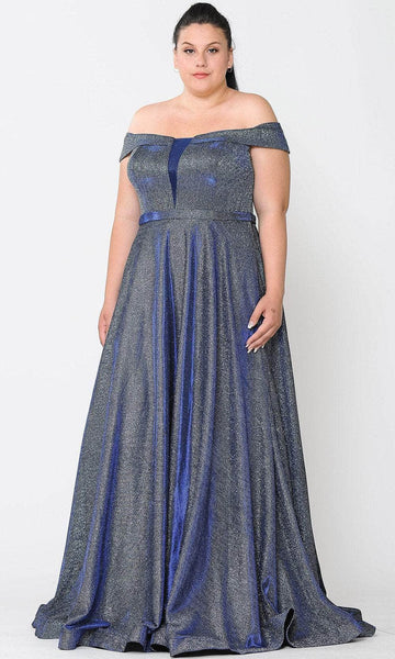 Tall Plus Size A-line Metallic Cold Shoulder Sleeves Off the Shoulder Sleeveless Plunging Neck Natural Waistline Floor Length Illusion Mesh Back Zipper Open-Back Pocketed Glittering Dress with a Brush