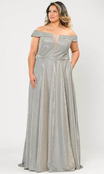 Tall Plus Size A-line Floor Length Cold Shoulder Sleeves Off the Shoulder Sleeveless Metallic Pocketed Mesh Open-Back Glittering Illusion Back Zipper Plunging Neck Natural Waistline Dress with a Brush