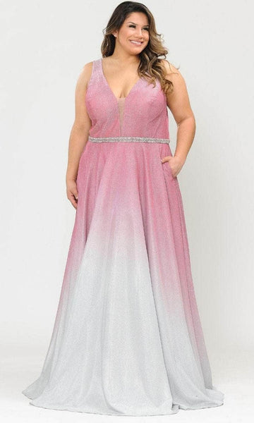 Tall A-line V-neck Sleeveless Natural Waistline Plunging Neck Open-Back Illusion Belted Beaded Glittering Pocketed Back Zipper Evening Dress with a Brush/Sweep Train
