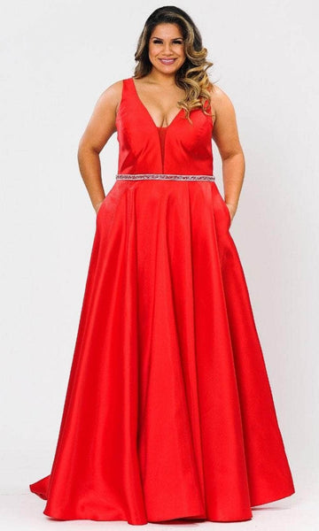 Plus Size A-line V-neck Plunging Neck Back Zipper Illusion Sheer Pocketed Beaded Sleeveless Corset Natural Waistline Evening Dress with a Brush/Sweep Train