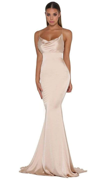 Natural Waistline Mermaid Open-Back Cowl Neck Spaghetti Strap Dress with a Brush/Sweep Train