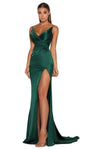 V-neck Mermaid Spaghetti Strap Natural Waistline Back Zipper Ruched Open-Back Slit Dress with a Brush/Sweep Train