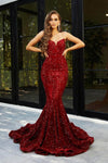 V-neck Strapless Natural Waistline Mermaid Open-Back Back Zipper Sequined Mesh Velvet Dress with a Brush/Sweep Train