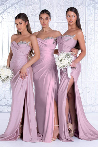 Tall Strapless Metallic Sweetheart Natural Waistline Ruched Draped Open-Back Slit Fitted Beaded Hidden Back Zipper Sheath Sheath Dress/Bridesmaid Dress/Prom Dress with a Brush/Sweep Train