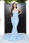 V-neck Mermaid Floor Length Natural Waistline Plunging Neck Fitted Applique Open-Back Back Zipper Spaghetti Strap Evening Dress with a Brush/Sweep Train