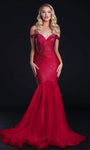 Fit-and-Flare Mermaid Fitted Glittering Back Zipper Tulle Natural Waistline Floor Length Sweetheart Off the Shoulder Dress with a Court Train