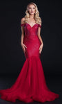 Tulle Glittering Back Zipper Fitted Fit-and-Flare Mermaid Floor Length Off the Shoulder Natural Waistline Sweetheart Dress with a Court Train