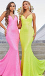 Sophisticated V-neck Strapless Fit-and-Flare Mermaid Floor Length Sleeveless Spaghetti Strap Fitted Sequined Back Zipper Open-Back Natural Waistline Plunging Neck Dress with a Brush/Sweep Train