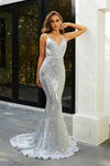 Sophisticated V-neck Strapless Floor Length Open-Back Back Zipper Fitted Sequined Sleeveless Spaghetti Strap Natural Waistline Plunging Neck Fit-and-Flare Mermaid Dress with a Brush/Sweep Train