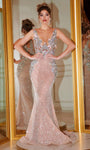 Mermaid Natural Waistline Fitted Illusion Beaded Sheer Back Zipper Glittering Floor Length Sleeveless Dress with a Brush/Sweep Train With Rhinestones