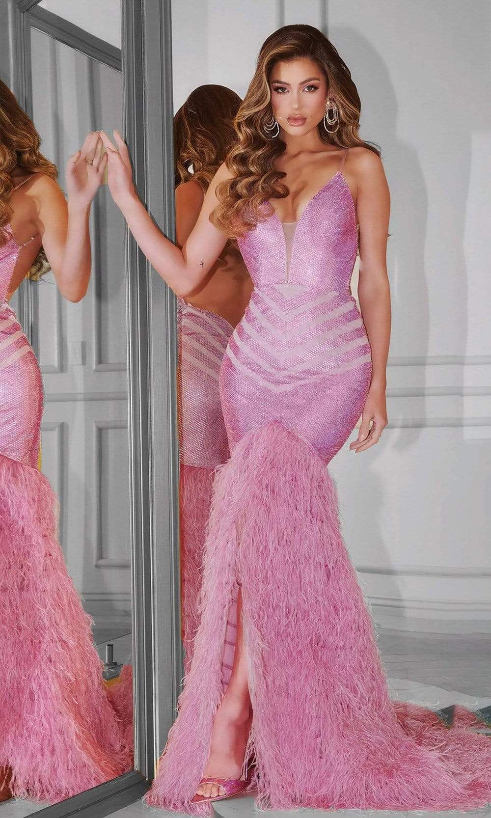 Portia and Scarlett - PS22336 Sequined Feather Fringed Mermaid Gown
