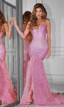 V-neck Fit-and-Flare Mermaid Natural Waistline General Print Sleeveless Open-Back Sequined Sheer Fitted Slit Plunging Neck Dress with a Brush/Sweep Train